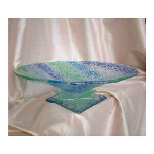 Large Art Deco Styled Controlled Bubble Blown Glass Square Pedestal Based Bowl